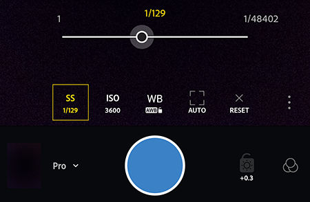 Adjust the shutter speed in Professional mode in Adobe Photoshop Lightroom CC for mobile Android