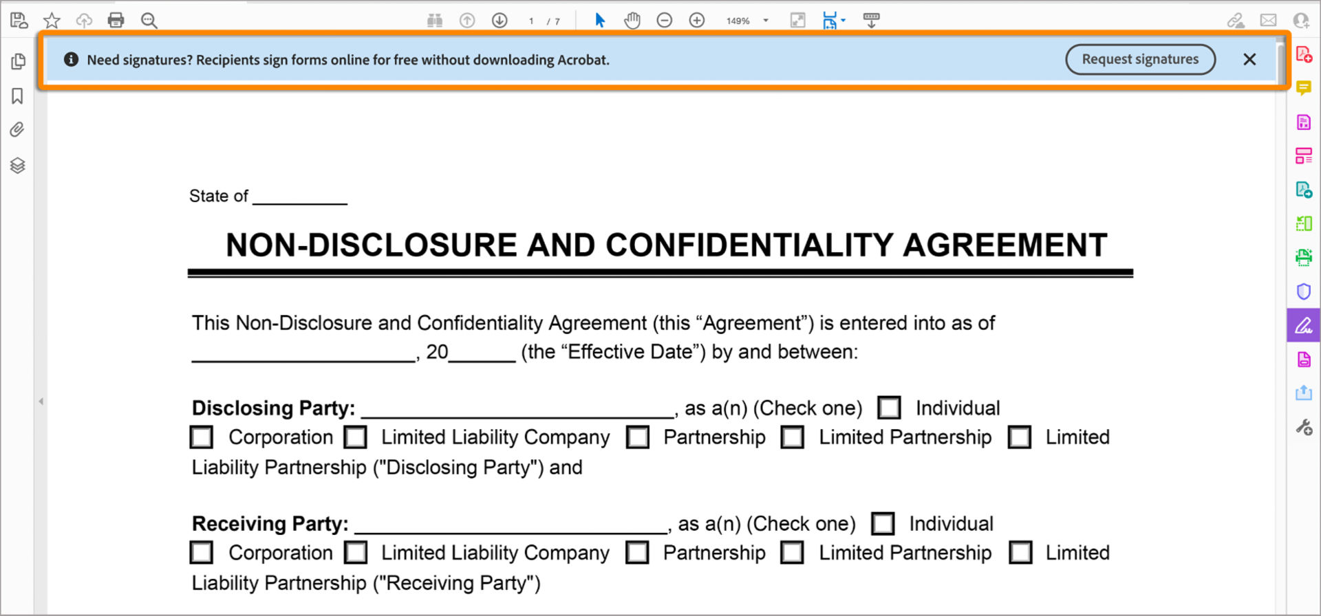 Request Signatures blue message bar