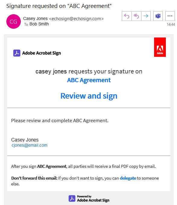 Email notification with link to the agreement.
