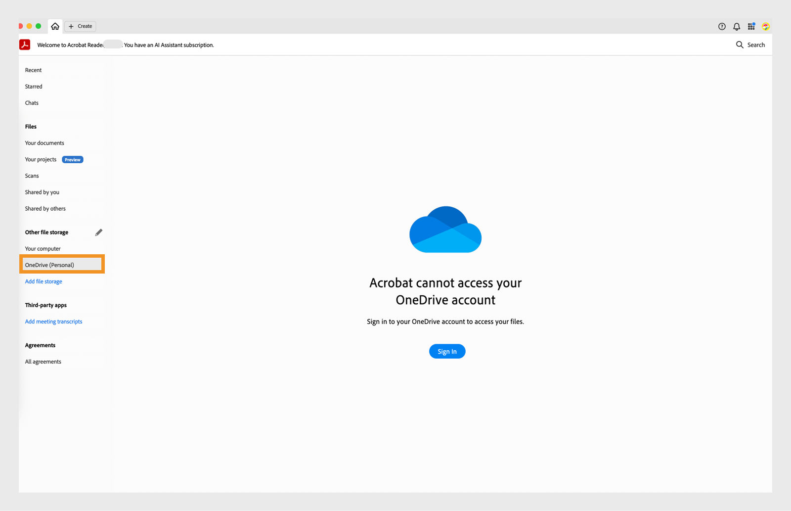 Adobe Acrobat prompting the user to sign in to their OneDrive personal storage account, with a message about access being unavailable and a blue Sign In button.