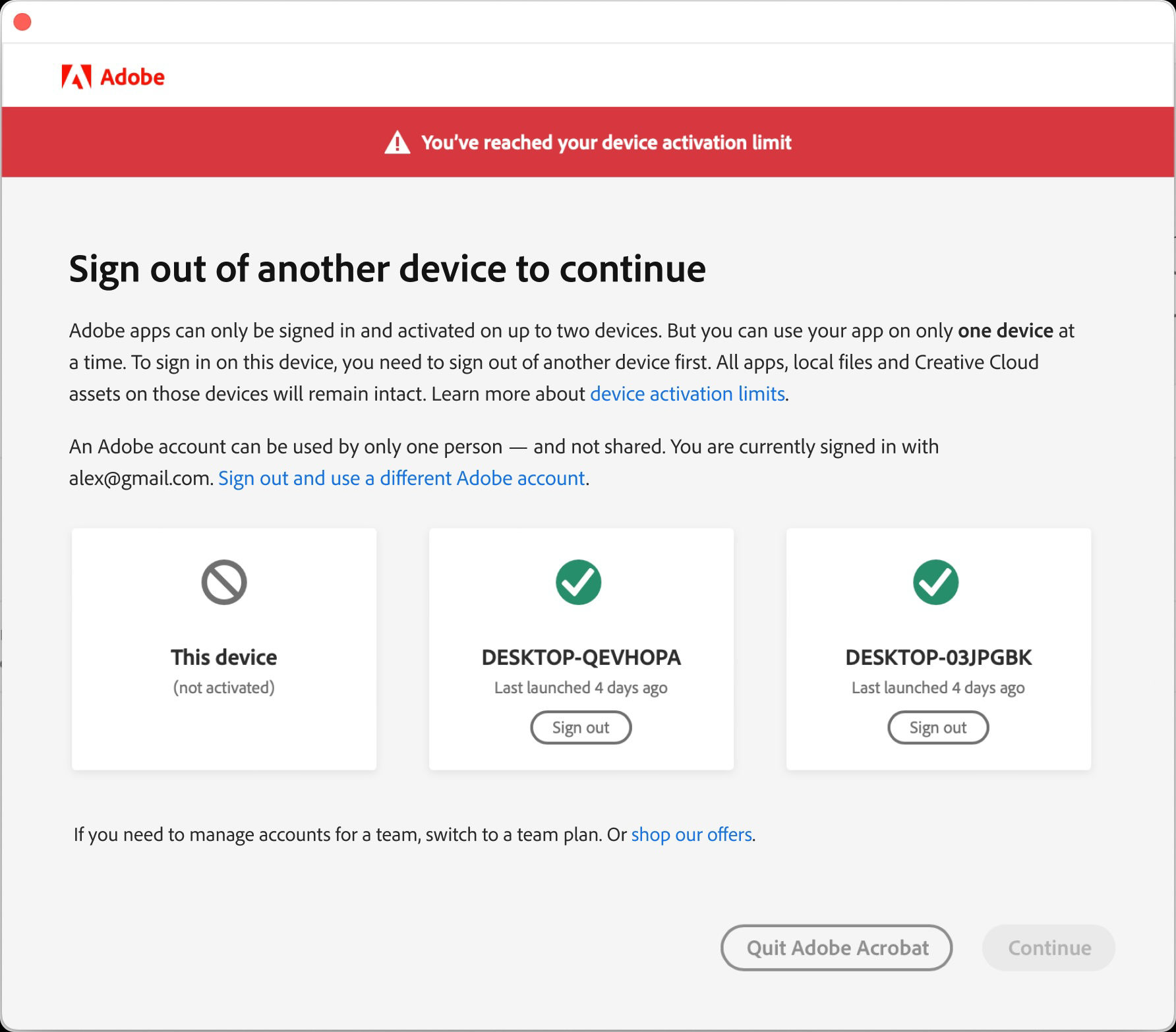 Adobe software activation error message prompting the user to sign out of another device to continue. Displays two activated devices with options to sign out, manage accounts, or quit Adobe apps