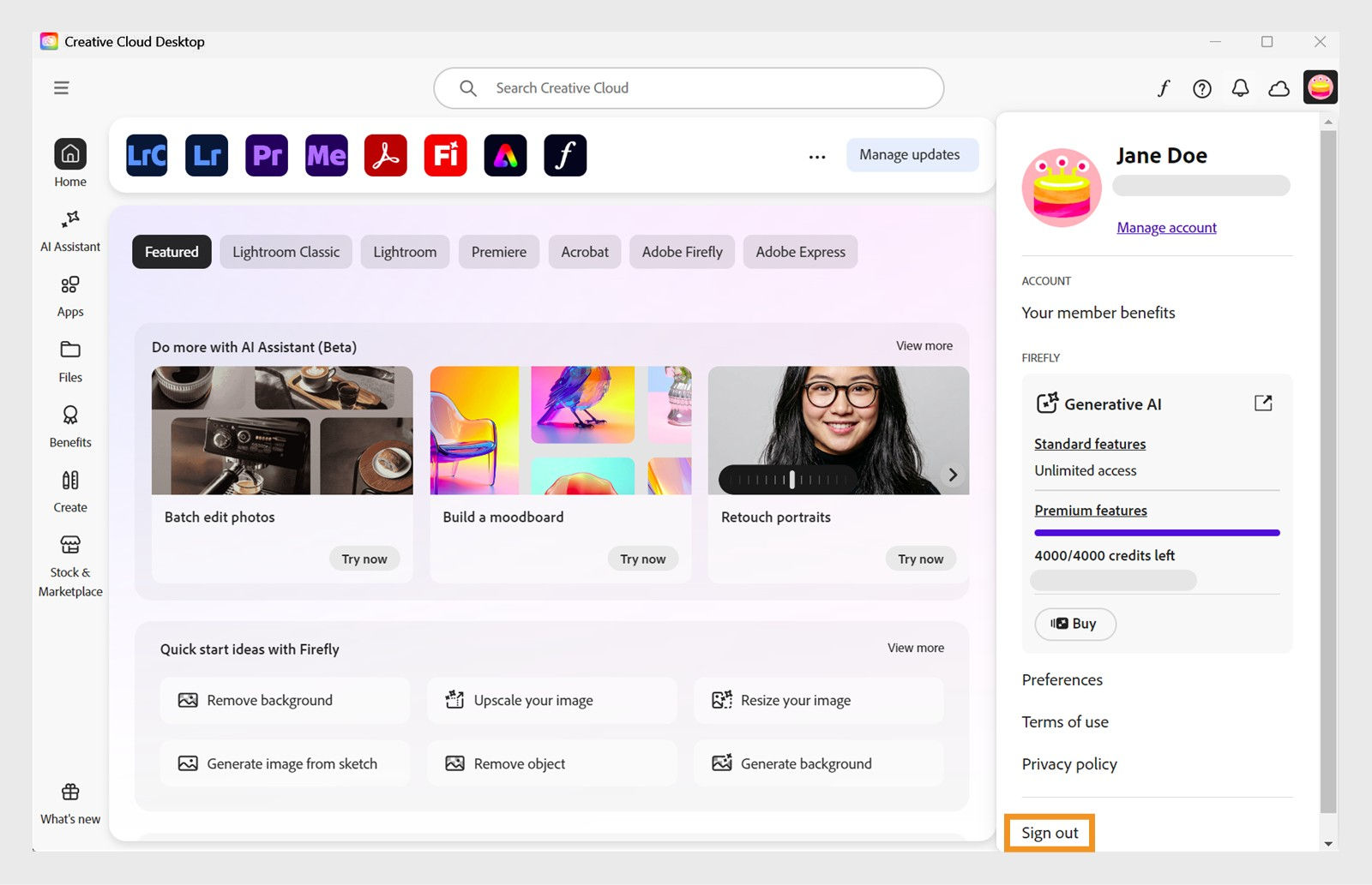 The Account menu button available at the top-right corner provides the option to sign out from your Creative Cloud desktop app.