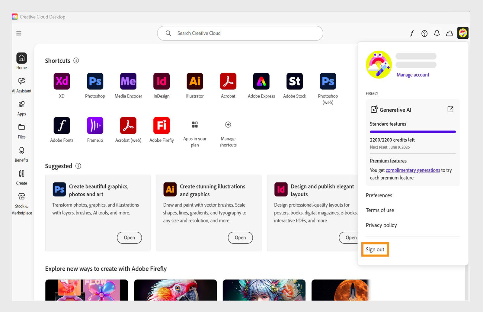 The Account menu button available at the top-right corner provides the option to sign out from your Creative Cloud desktop app.