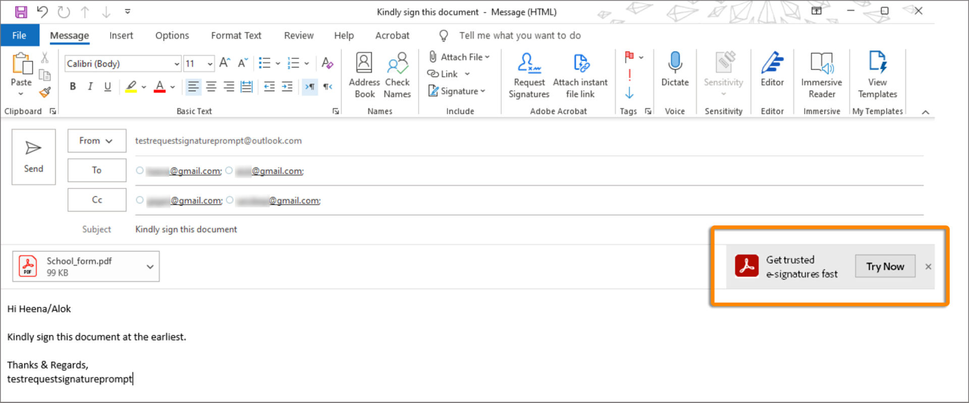 Sign prompt while sending mail