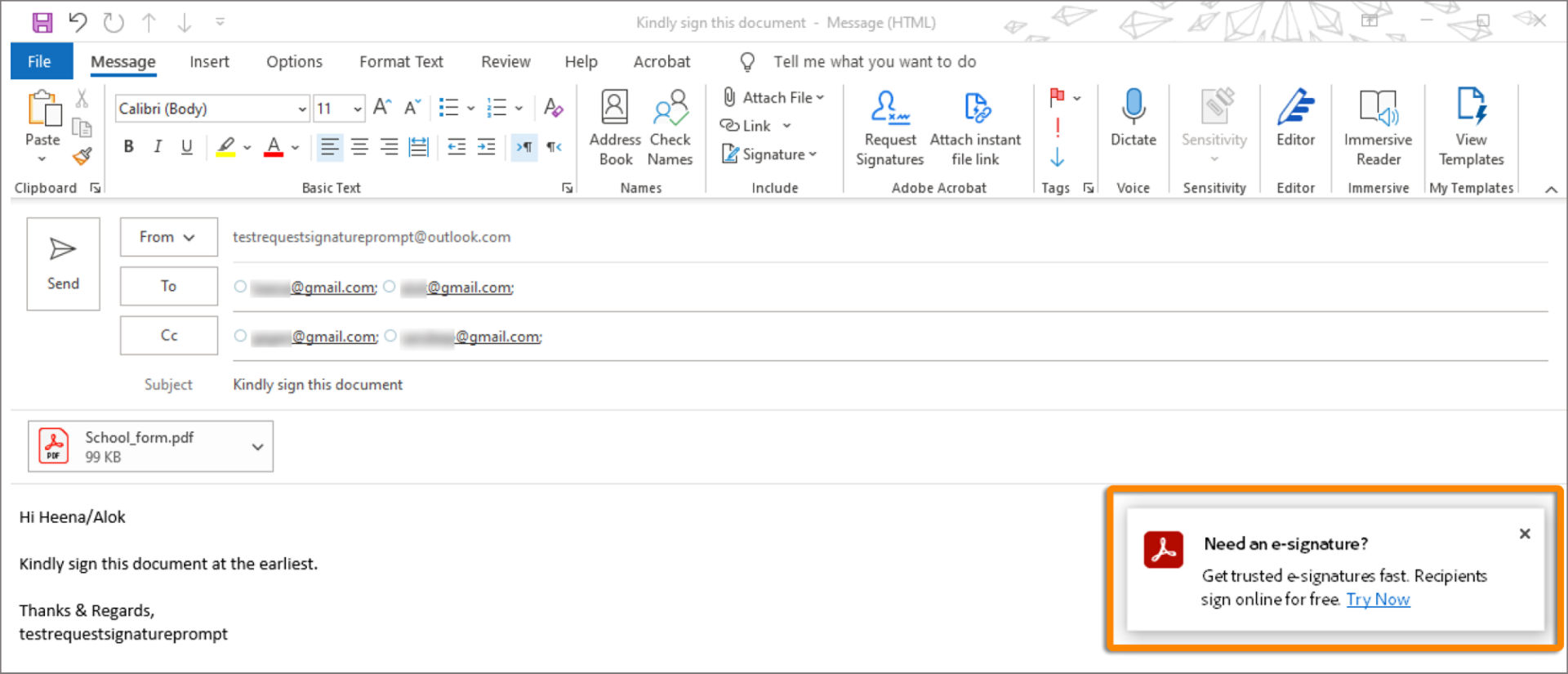 Sign prompt while sending mail