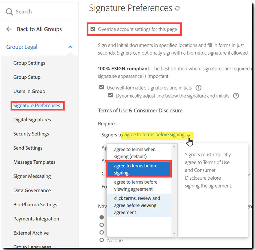 Configure Terms of use