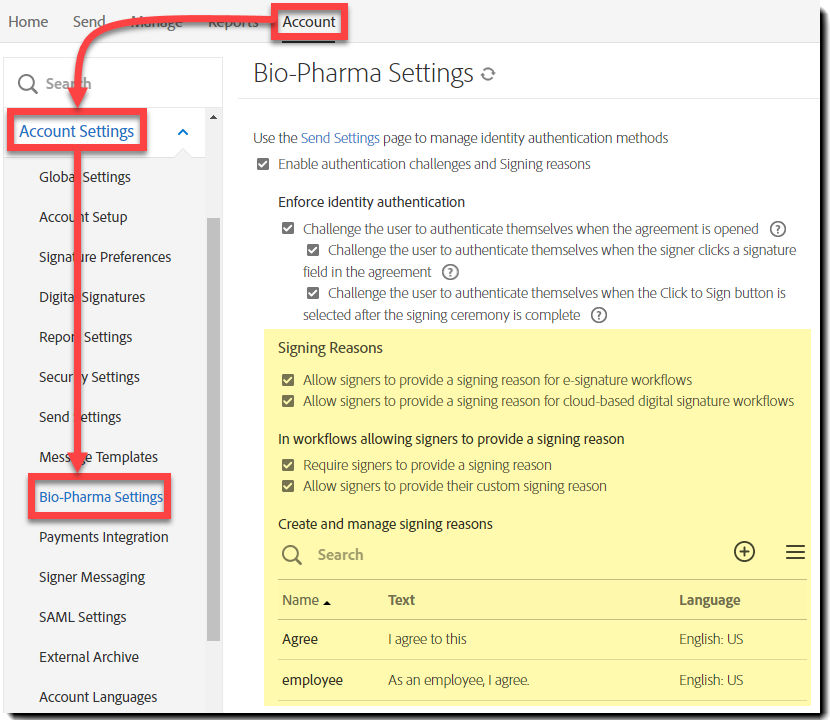 Navigate to the Bio-Pharma tab to find the Signing Reasons controls