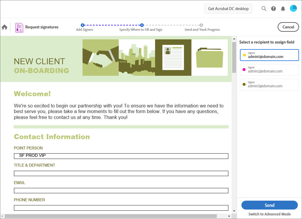 Specify where to fill and sign in simplified mode