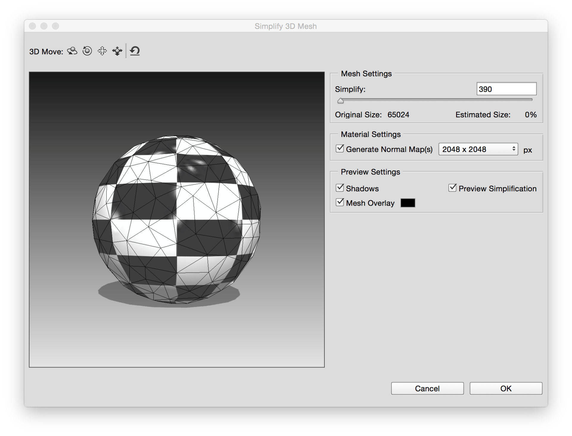 Photoshop Preview of mesh simplification changes
