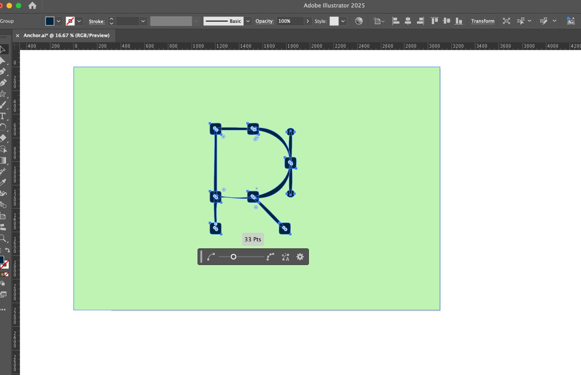 Simplify slider applied to a letter R path with anchor points visible.