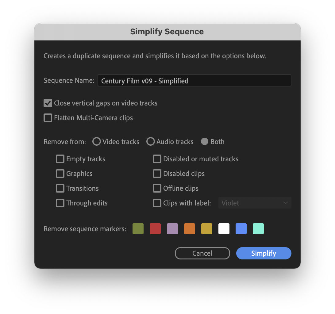 The Simplify Sequence dialog box