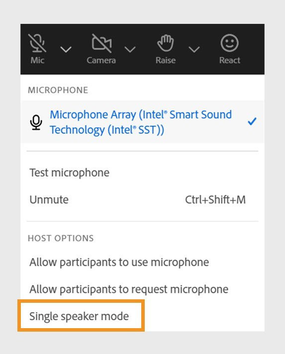 Microphone options menu showing the option to enable single speaker mode