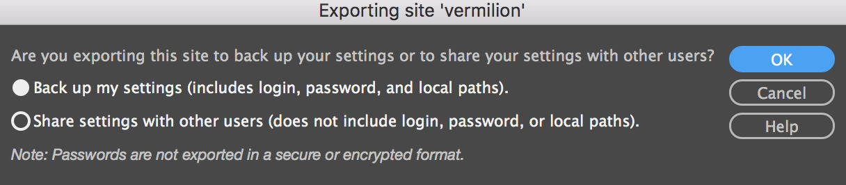 Opties voor het exporteren van site-instellingen