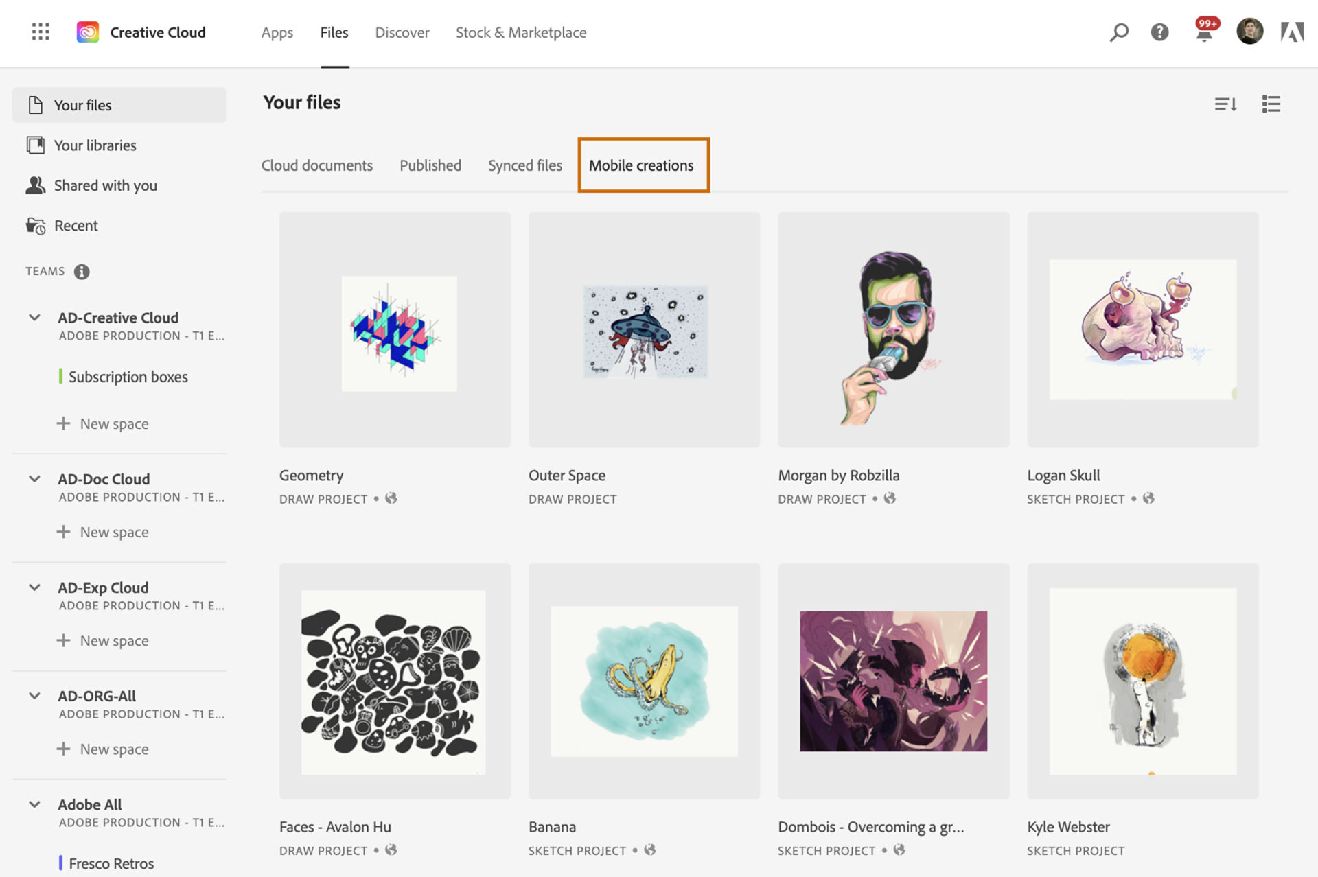 Mobile Creations tab in Creative Cloud