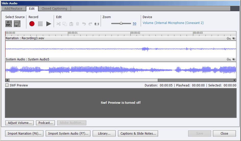 Slide Audio dialog box with both narration and system audio