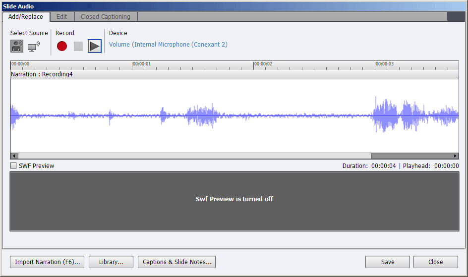 Slide Audio dialog box of a slide with only narration audio