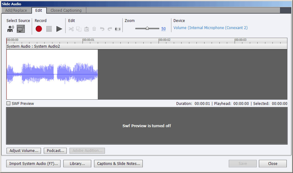 Slide Audio dialog box of a slide with only system audio