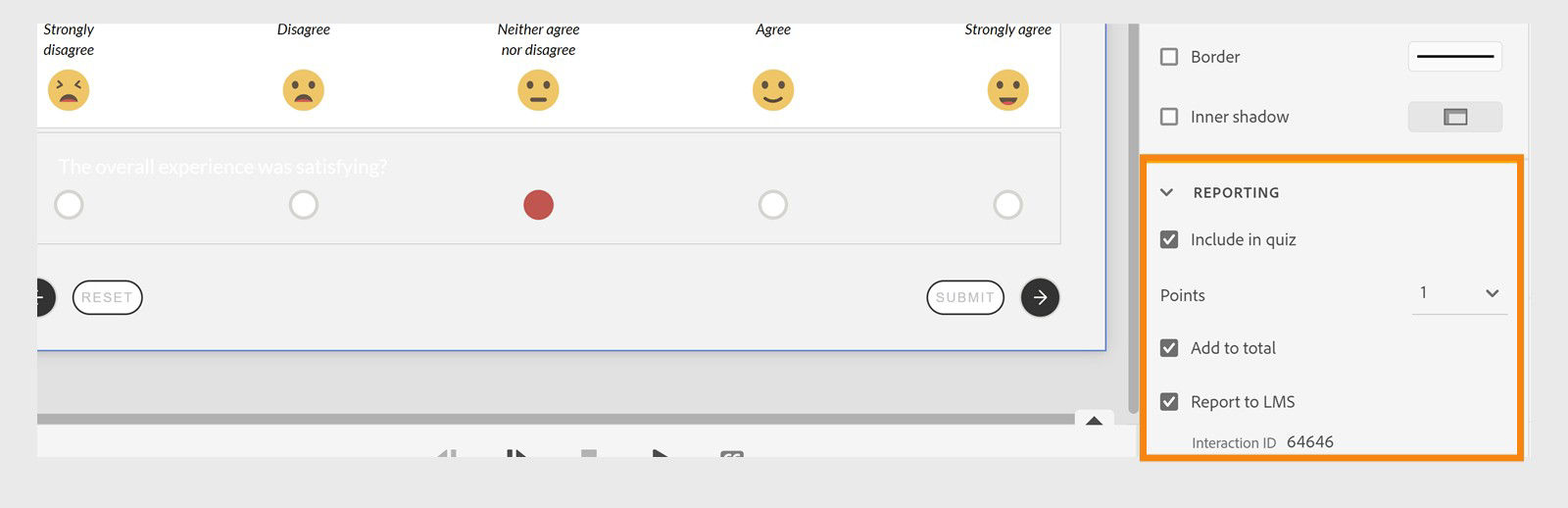 Captivate interface showing the reporting of the slider widget in LMS along with its interaction ID