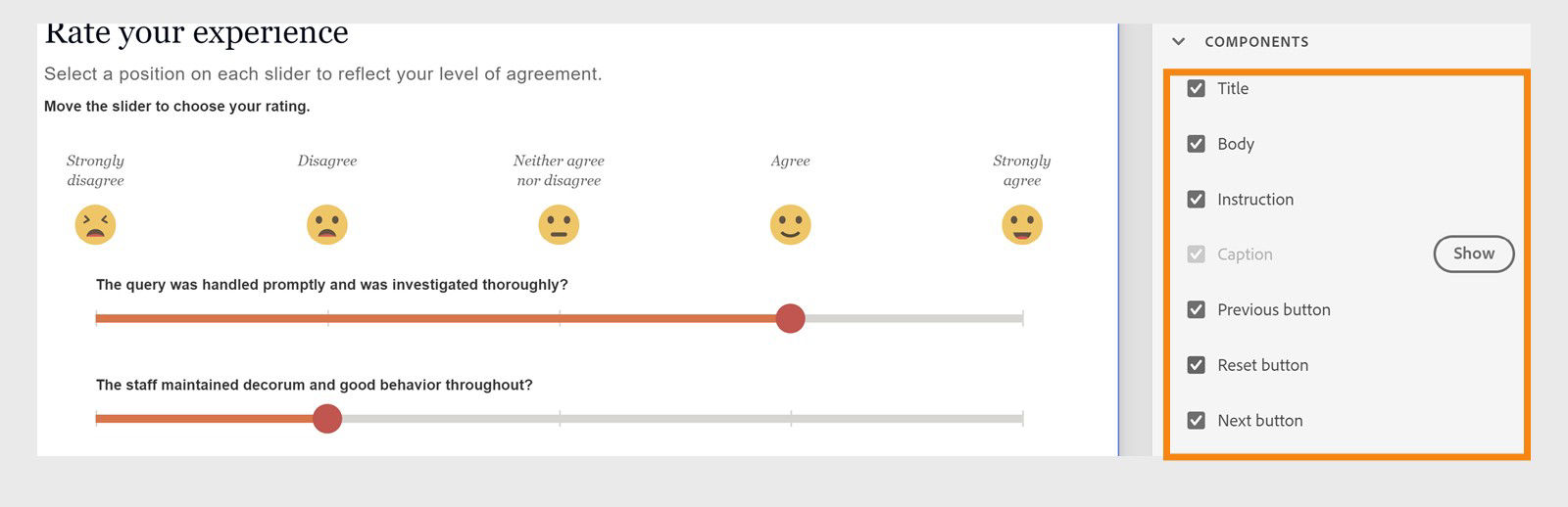 Captivate interface showing the components of the slider widget