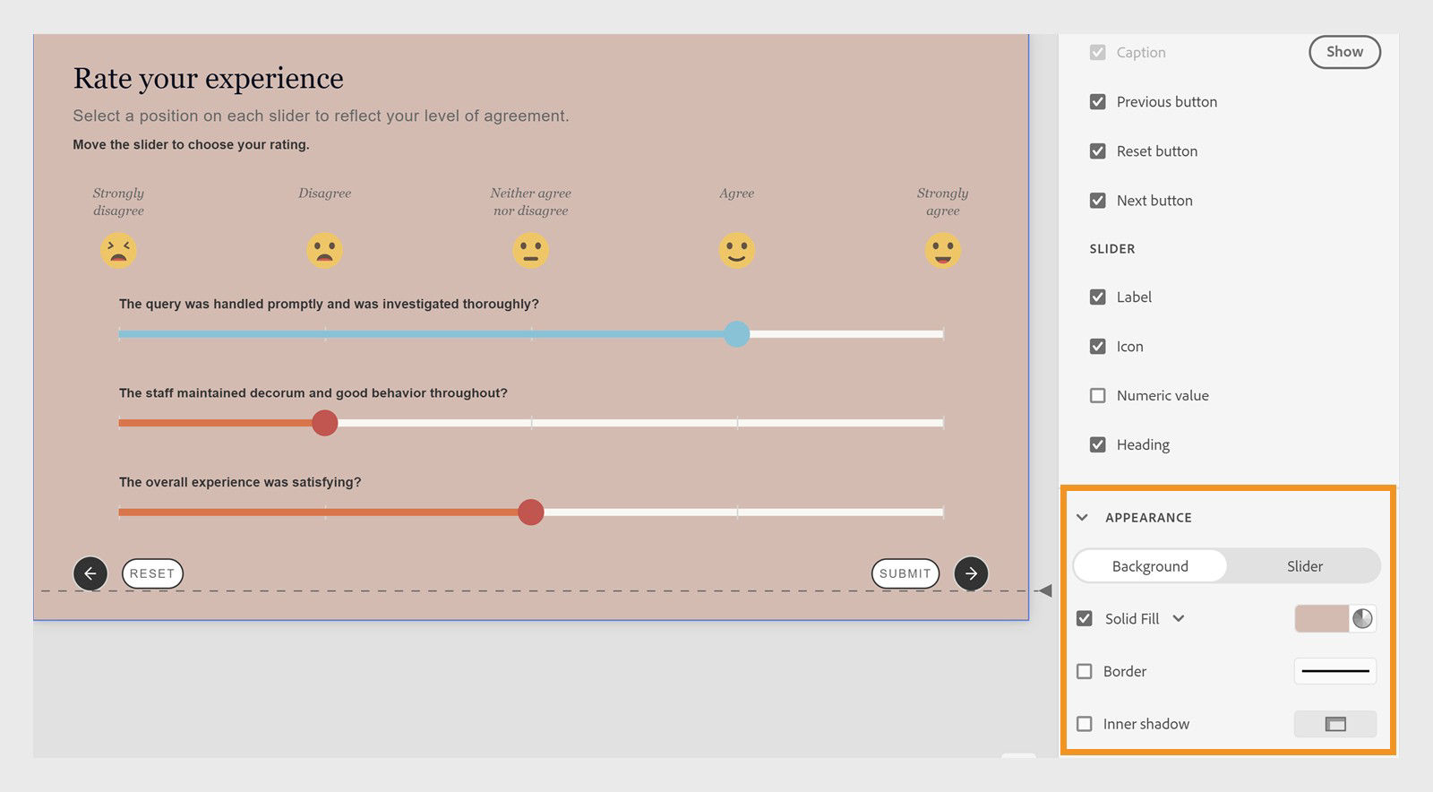 Captivate interface showing slider widget level appearance customizations