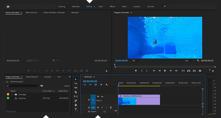 Adobe Premiere Pro shows underwater footage of a swimmer in the Program Monitor and corresponding clip in the Timeline panel