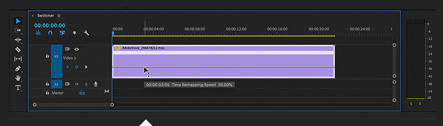 Timeline panel shows mouse pointer dragging down the time remapping control in the clip