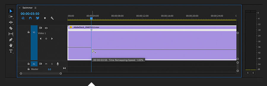 Timeline panel shows a time remapping keyframe added to a clip indicating an abrupt speed change