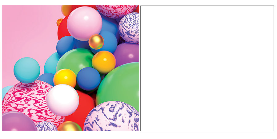 Left side shows colorful spheres; the right side shows a blank white square indicating a blank document in Adobe Photoshop