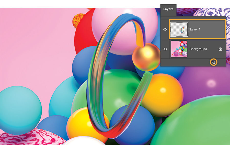 The letter C is on a new layer above the colorful image; the hand lettering looks like a brush stroke with colors from the image