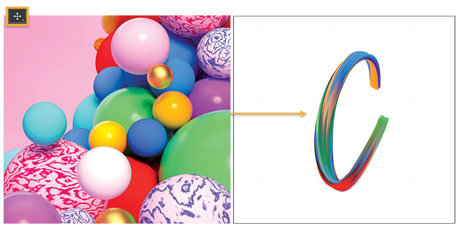 Left: Colorful image with spheres shows Move tool up top; right: newly drawn C is placed in blank Photoshop document