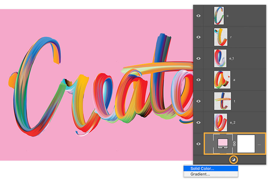 Hand lettering with brushed look spell Create on pink background, each letter is on its own layer