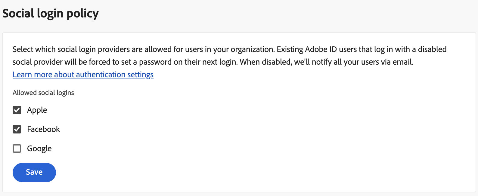 Admin Console Social login screen showing options to be selected to allow users to sign in through social media.