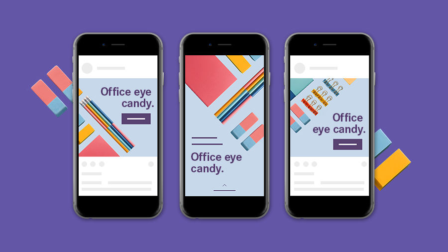 Three versions of an advertisement for office supplies displayed on three phone screens