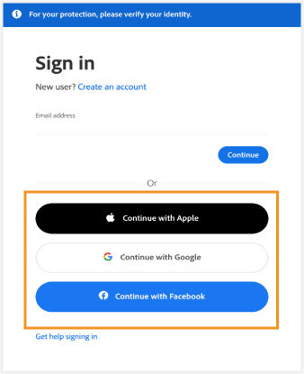Select Facebook, Google, or Apple to sign in