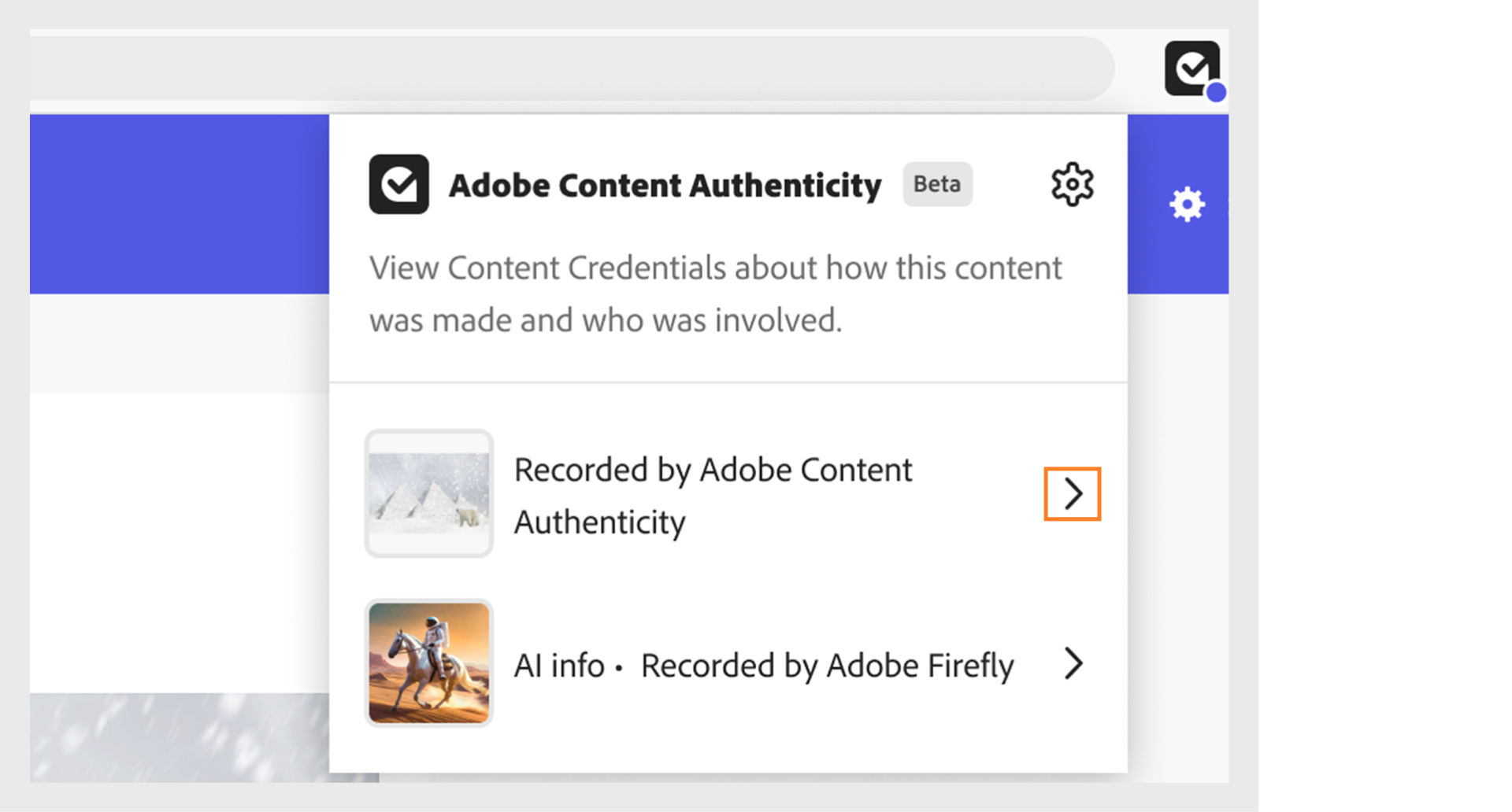 Select the greater than (>) icon to view the information about who was involved and how this content was made.