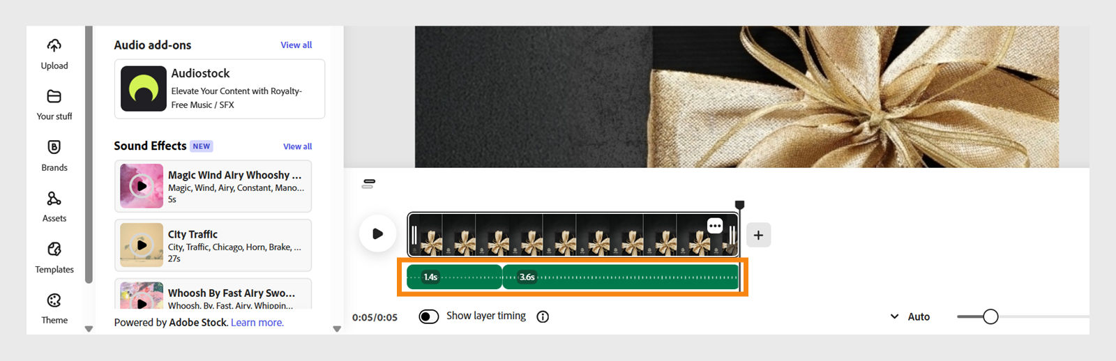 The video timeline is open with different added sound effects appearing in place of the Add audio section below the video. 