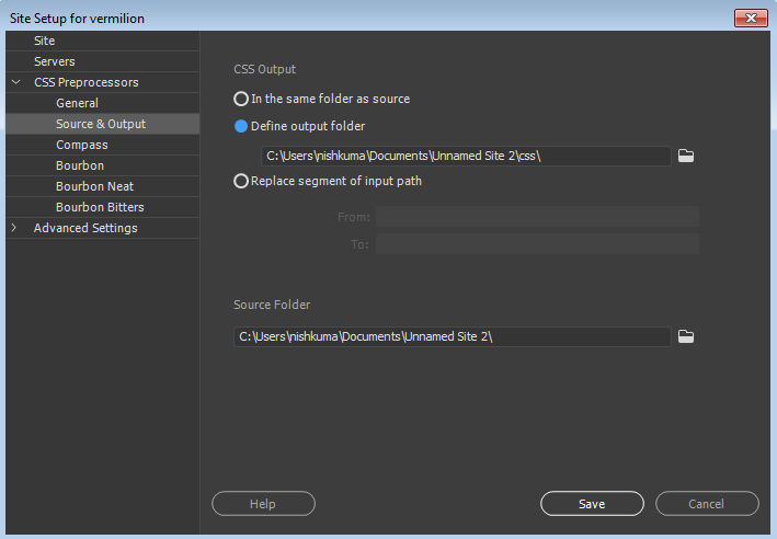 Source and output CSS preprocessor settings
