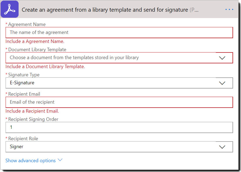 Action: Create an agreement from a library template and send for signature