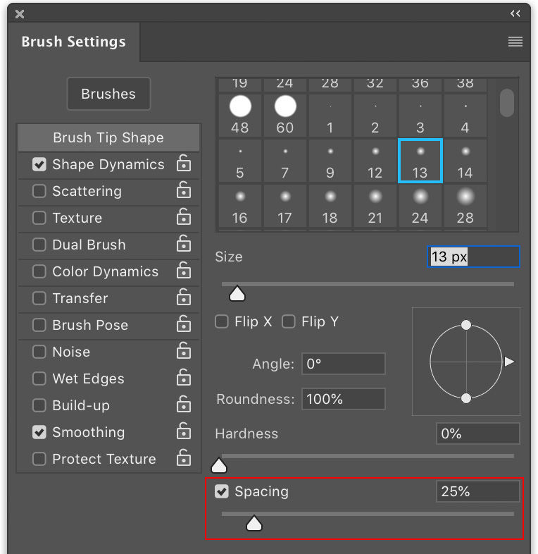 「筆刷設定」面板中的「間距」設定