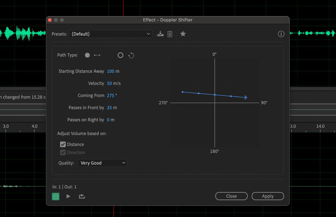 The Doppler Shifter (process) effect dialog box is open and there are parameters to control source movement, listener position, and resulting pitch and volume shifts.
