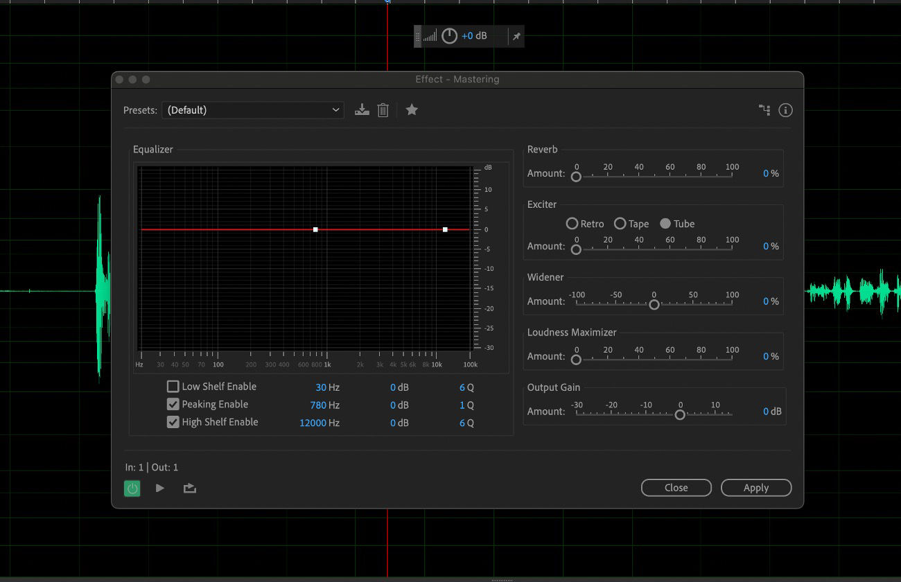 The Mastering effect dialog box is open and there are presets and parameters for final mix enhancement.