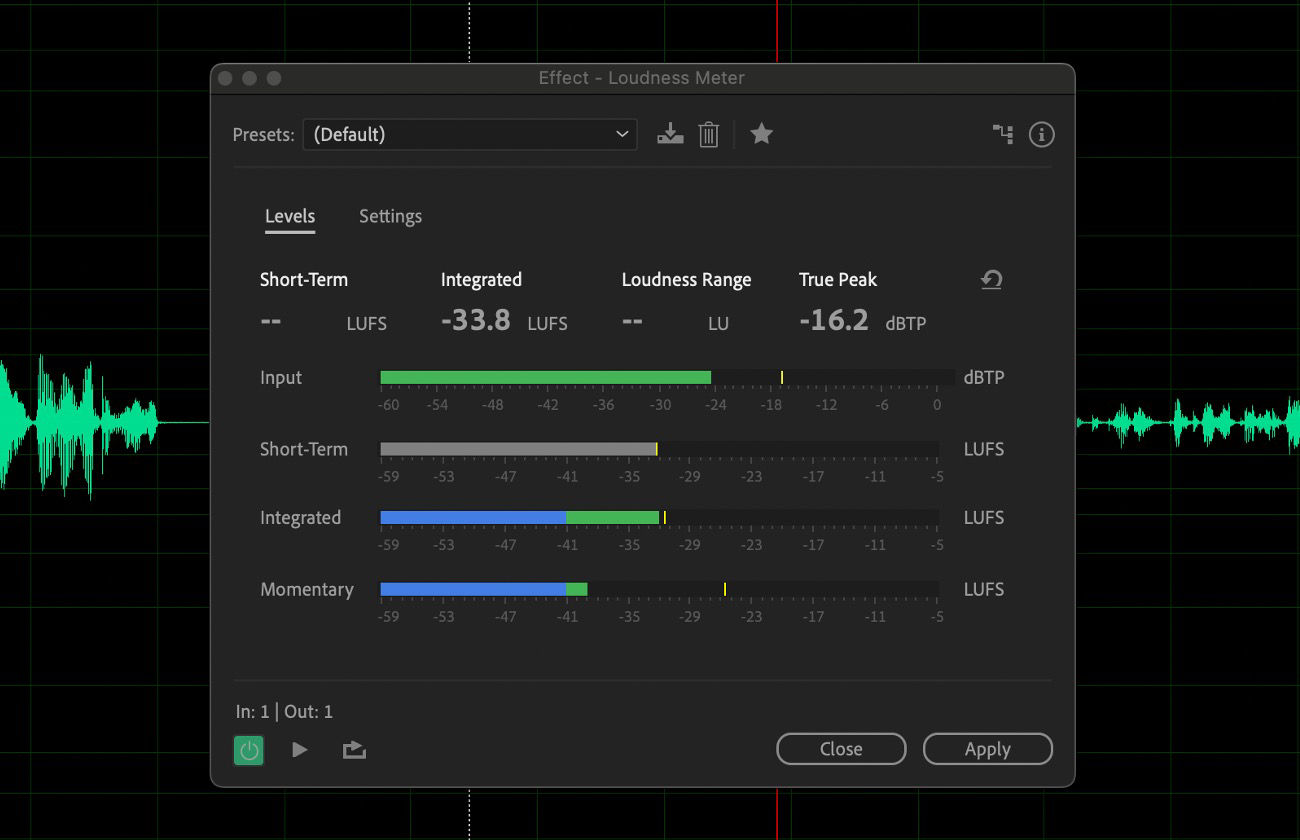 The Loudness Meter effect dialog box is open and there are options to view levels or adjust the settings.