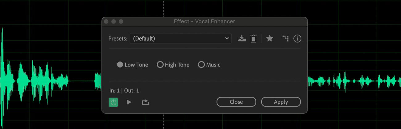 The Vocal Enhancer effect dialog box is open, and there are controls for selecting a vocal type, adjusting clarity, presence, and warmth, and choosing from preset enhancement profiles.