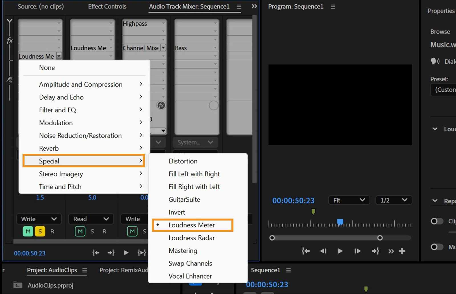The Loudness Meter menu is open and the commands Special and Loudness Meter are selected. 