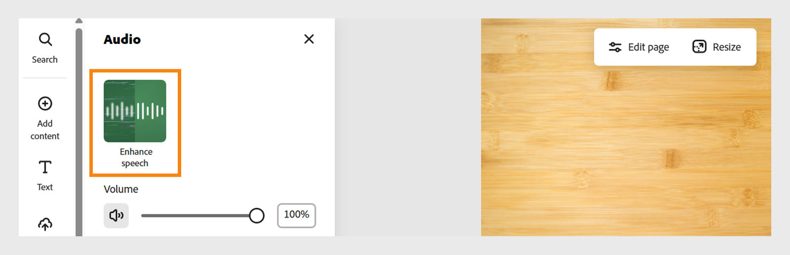 Audio panel is open in the Adobe Express editor with Enhance speech highlighted.