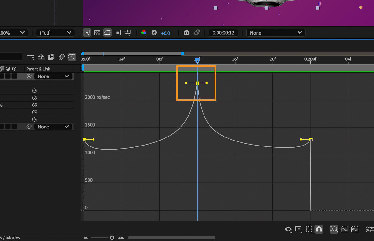The direction handles of the keyframe is dragged up to create a peak.