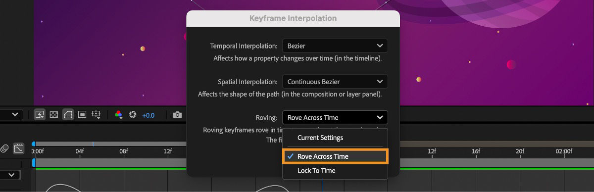 The Keyframe Interpolation dialog box is open and in the Roving dropdown menu, the Rover Across Time option is selected.
