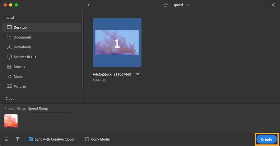 Video editor create project screen open with selected clip and Create button highlighted.