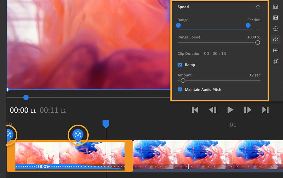 Video editing timeline at the bottom, first clip has range speed set to 1000%, the Speed panel shows on the right.