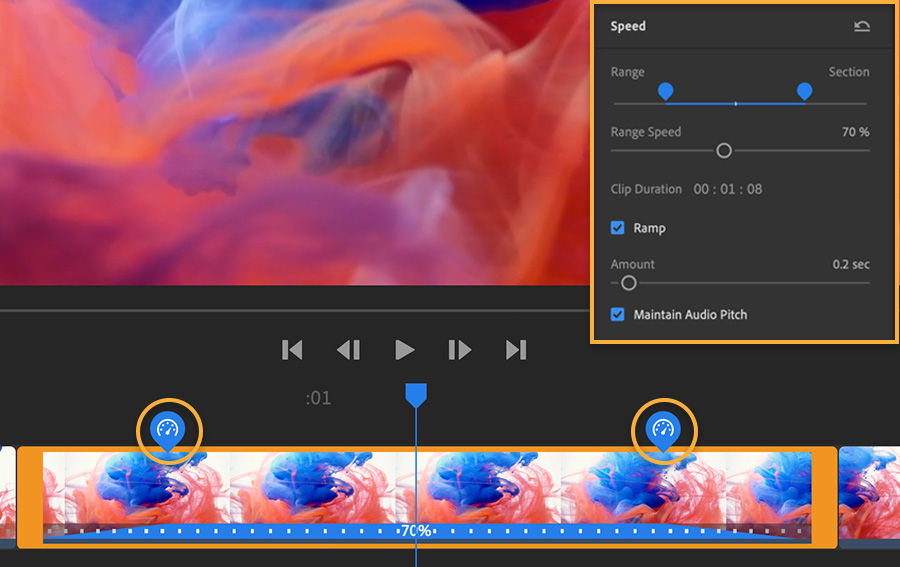 Zoomed in to middle clip on timeline, range speed set to 70%, speed ramps up from 0 at the start and down from 0 at the end.